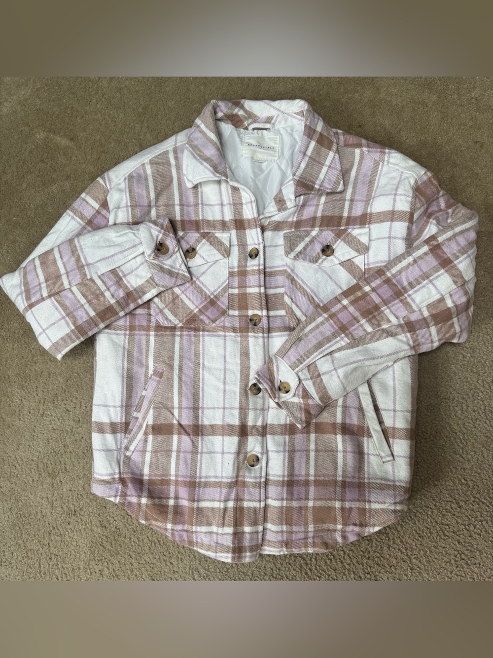 American Eagle Outfitters Sz M Cream, Brown & Light Purple Plaid Utility Jacket.